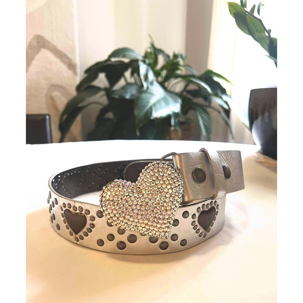 VTG Bridget Shuster Leather Belt 34 Studded Rhinestone Heart Western Y2K Glam ✨✨